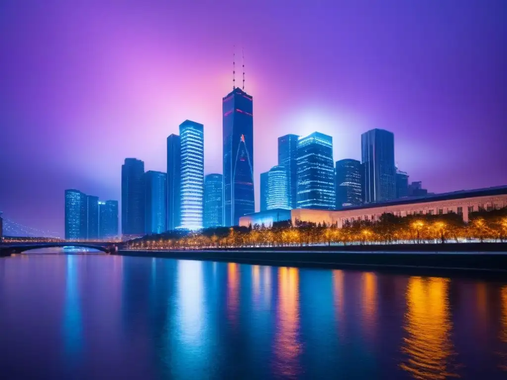 Vibrante ciudad moderna al anochecer, con rascacielos iluminados reflejados en un río sereno
