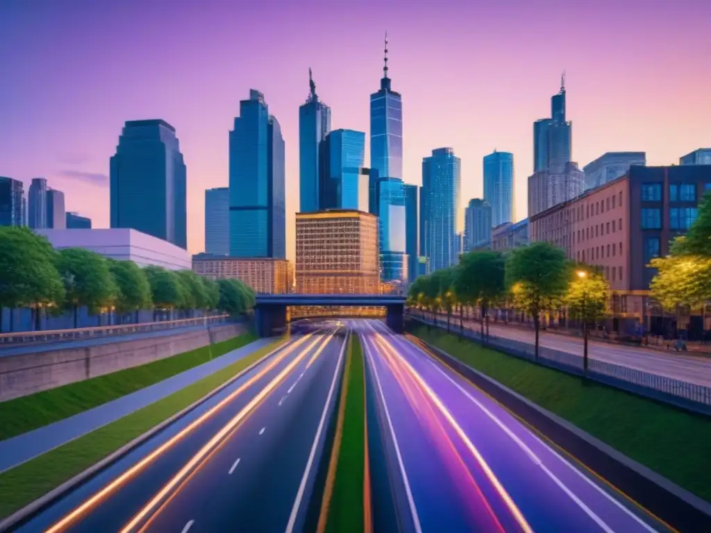 Metrópolis vibrante al atardecer: luces, ríos y crecimiento Vibrante ciudad moderna al anochecer con rascacielos iluminados y un río tranquilo