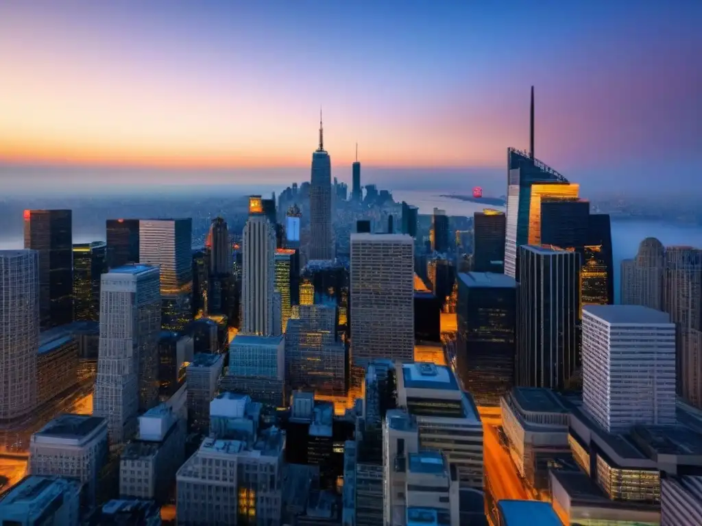 Horizonte urbano moderno: tecnología y vida citadina Vibrante ciudad moderna al anochecer, con rascacielos iluminados y calles llenas de vida