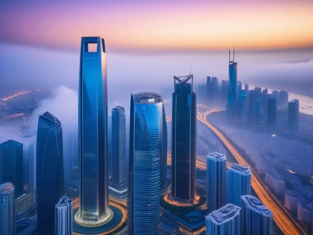 Skyline urbano: luces y oportunidades financieras internacionales Vibrante ciudad moderna al anochecer con rascacielos iluminados, símbolo de inversiones internacionales en mercado inmobiliario