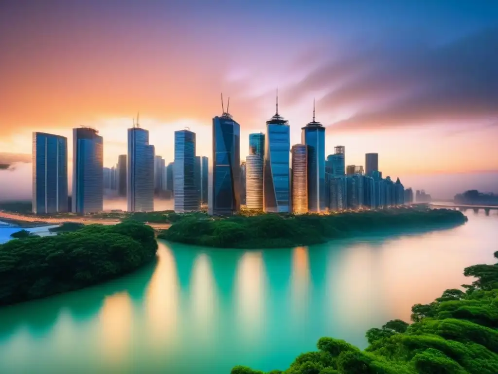 Skyline urbano: luces vibrantes en río tranquilo Vibrante ciudad moderna al anochecer, con rascacielos iluminados reflejados en un río tranquilo