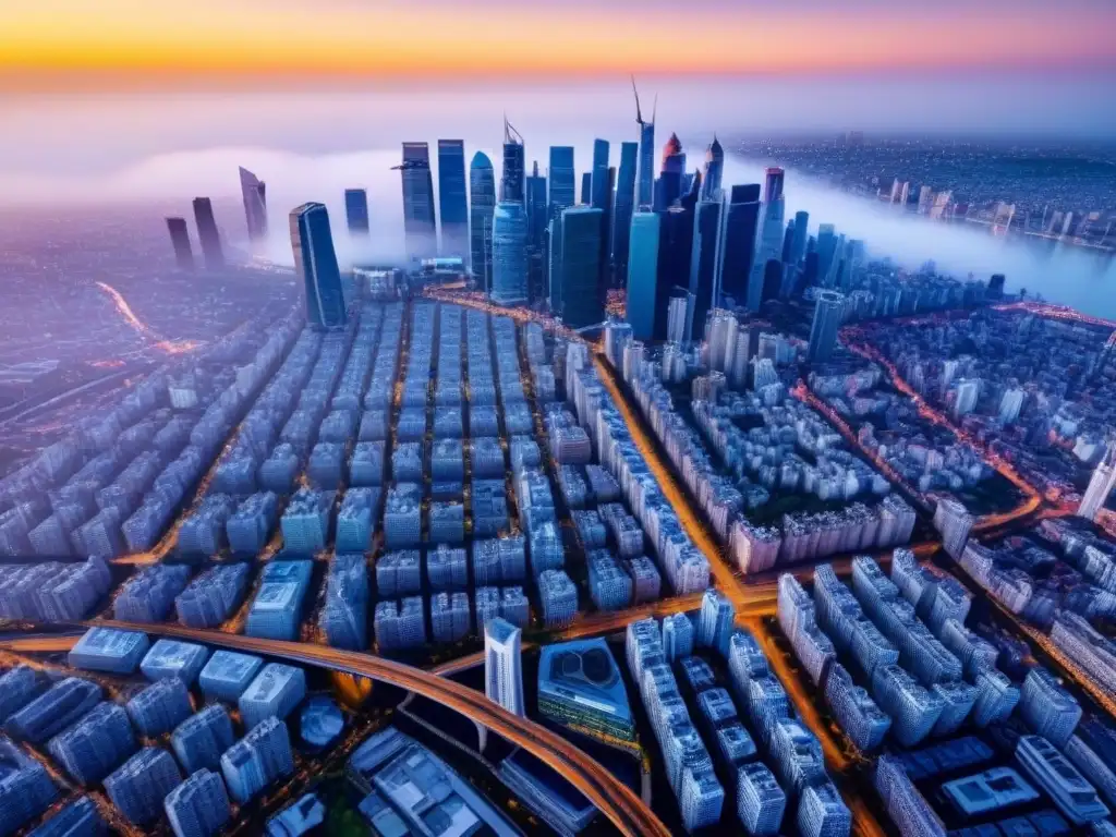 Metrópolis moderna: skyline con rascacielos y redes urbanas Vibrante ciudad moderna con rascacielos y red de carreteras, simbolizando oportunidades en Inversiones inmobiliarias internacionales rentables