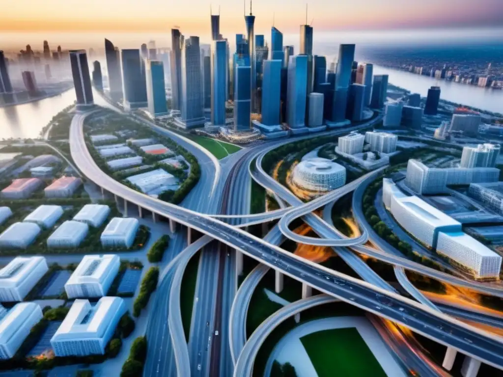 Metrópolis dinámica: interconexión urbana en América del Norte Vibrante ciudad moderna con rascacielos y calles llenas de movimiento, reflejando el mercado inmobiliario internacional y la migración interna