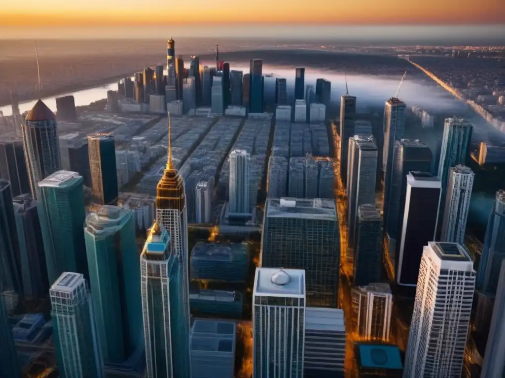 Espléndida vista aérea de ciudad moderna con rascacielos Vibrante ciudad moderna con rascacielos, inversión inmobiliaria internacional y normativas de seguridad en vigor