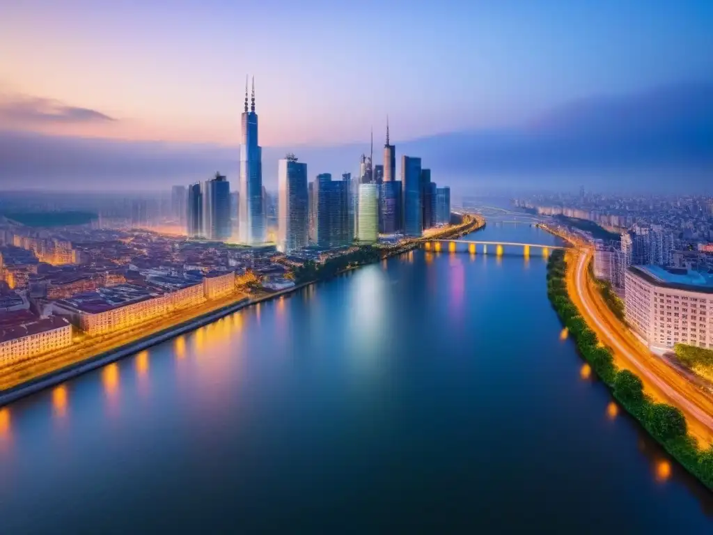 Espectacular ciudad moderna iluminada al anochecer Vibrante ciudad moderna al anochecer con rascacielos iluminados y un río tranquilo, reflejando Compliance en mercado inmobiliario internacional