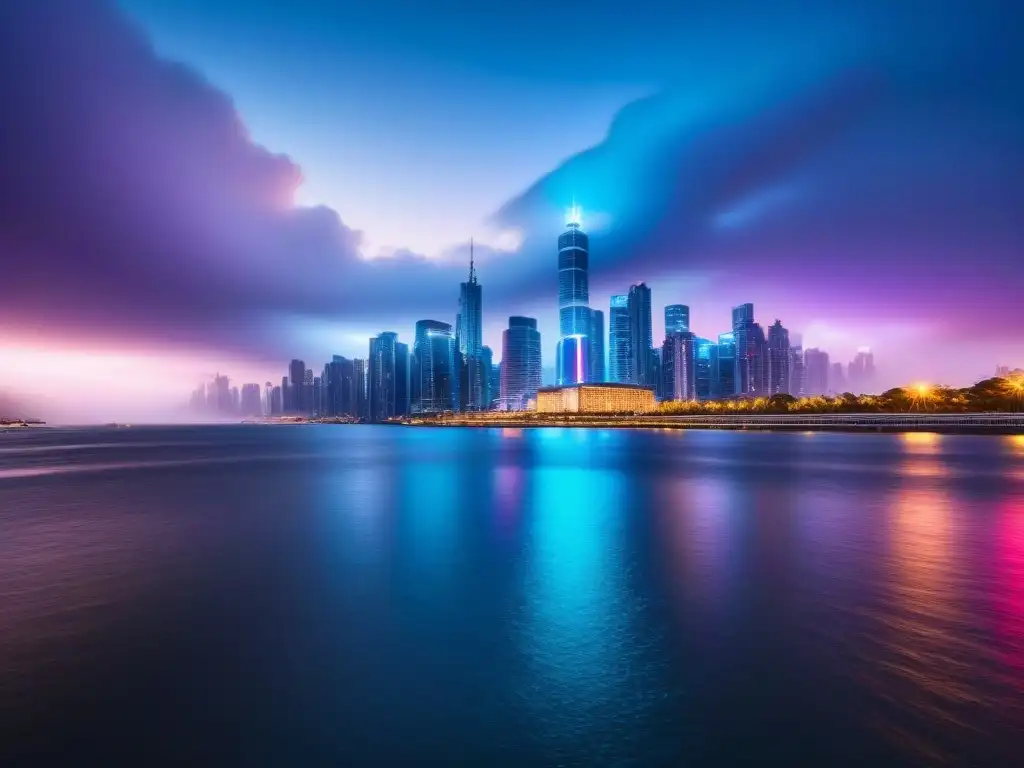 Metrópolis futurista: skyline ultradetallado en 8k Vibrante ciudad moderna al anochecer con rascacielos iluminados por neón, reflejándose en un río tranquilo