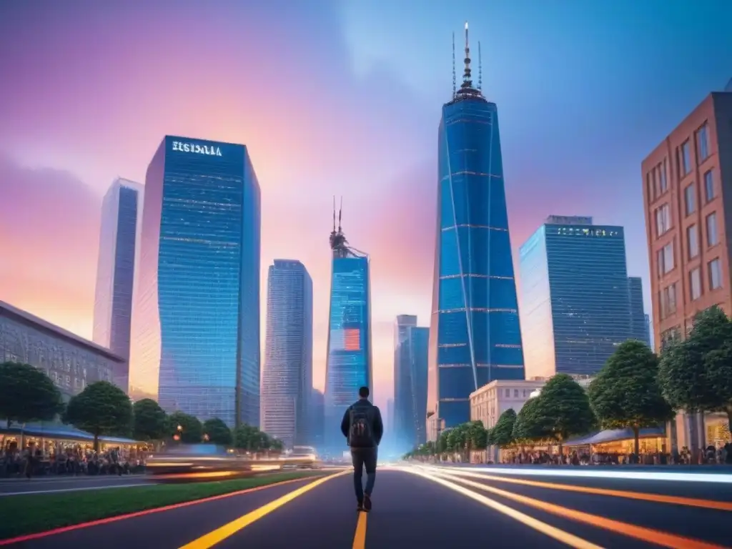 Vibrante ciudad moderna al atardecer: luces, diversidad y prosperidad Vibrante ciudad moderna al anochecer con rascacielos iluminados y gente diversa en la calle
