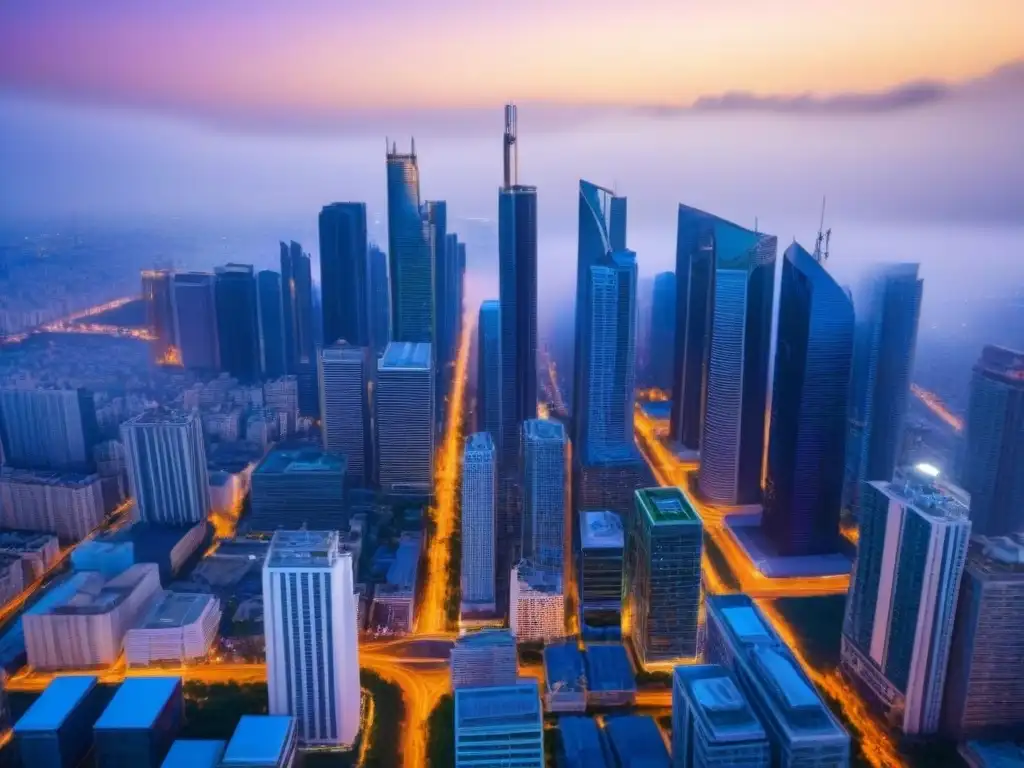 Cityscape moderno: luces vibrantes y energía urbana Vibrante ciudad moderna al anochecer, con rascacielos iluminados y calles llenas de vida