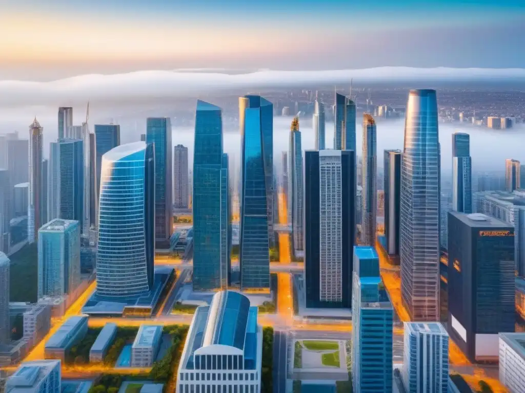Metrópolis moderna: auge inmobiliario en ciudad vibrante Vibrante ciudad moderna con rascacielos y mercado inmobiliario activo bajo políticas de interés