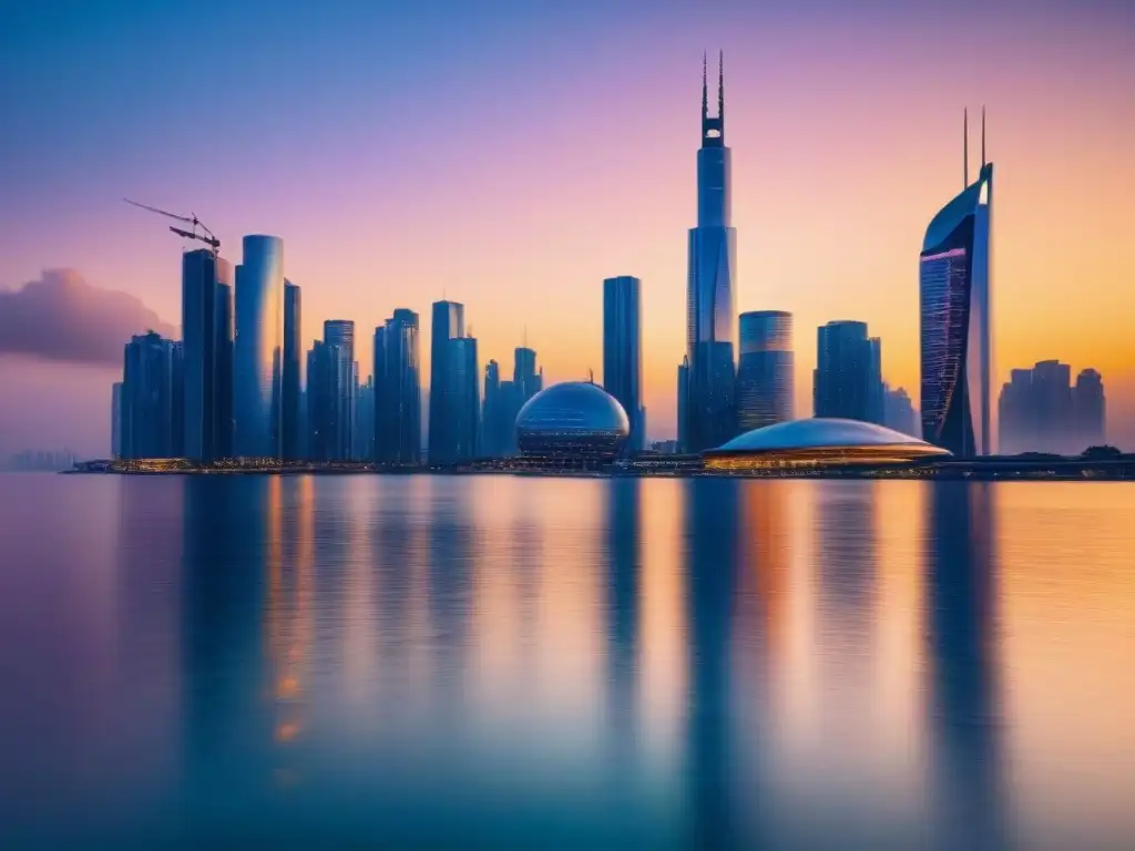 Metrópolis futurista en atardecer dorado: inversión en timeshares Vibrante ciudad moderna con rascacielos al atardecer, reflejando un paisaje de innovación y desarrollo