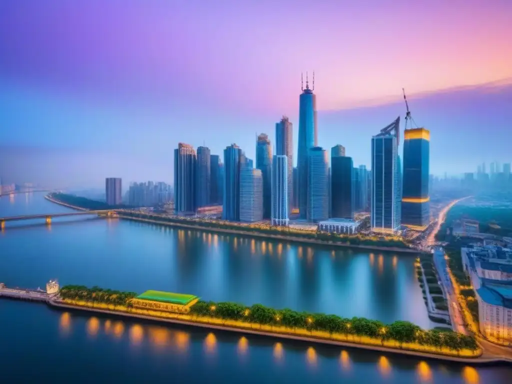 Horizonte urbano vibrante al anochecer: luces y río sereno Vibrante ciudad moderna al anochecer, con rascacielos iluminados y río sereno