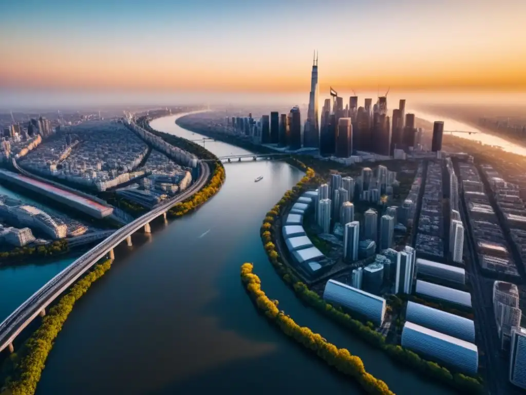 Horizonte urbano moderno al atardecer: luces, ríos y puentes Vibrante ciudad moderna con rascacielos, puentes y río al atardecer