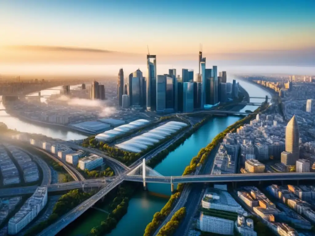 Metrópolis moderna: reflejos de rascacielos en red de autopistas Vibrante ciudad moderna con rascacielos y autopistas, reflejando la luz solar, en un mercado inmobiliario global con fluctuaciones cambiarias