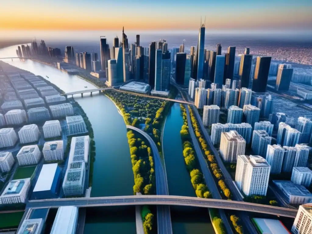 Espectacular metrópolis al atardecer: mercado inmobiliario en auge Vibrante ciudad moderna con rascacielos, redes viales y agua al atardecer