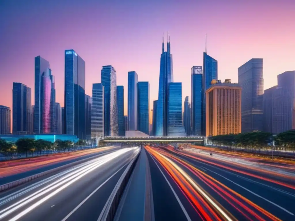 Skyline urbano moderno: luces vibrantes y sofisticación Vibrante ciudad moderna al anochecer con regulación fiscal internacional bienes inmuebles