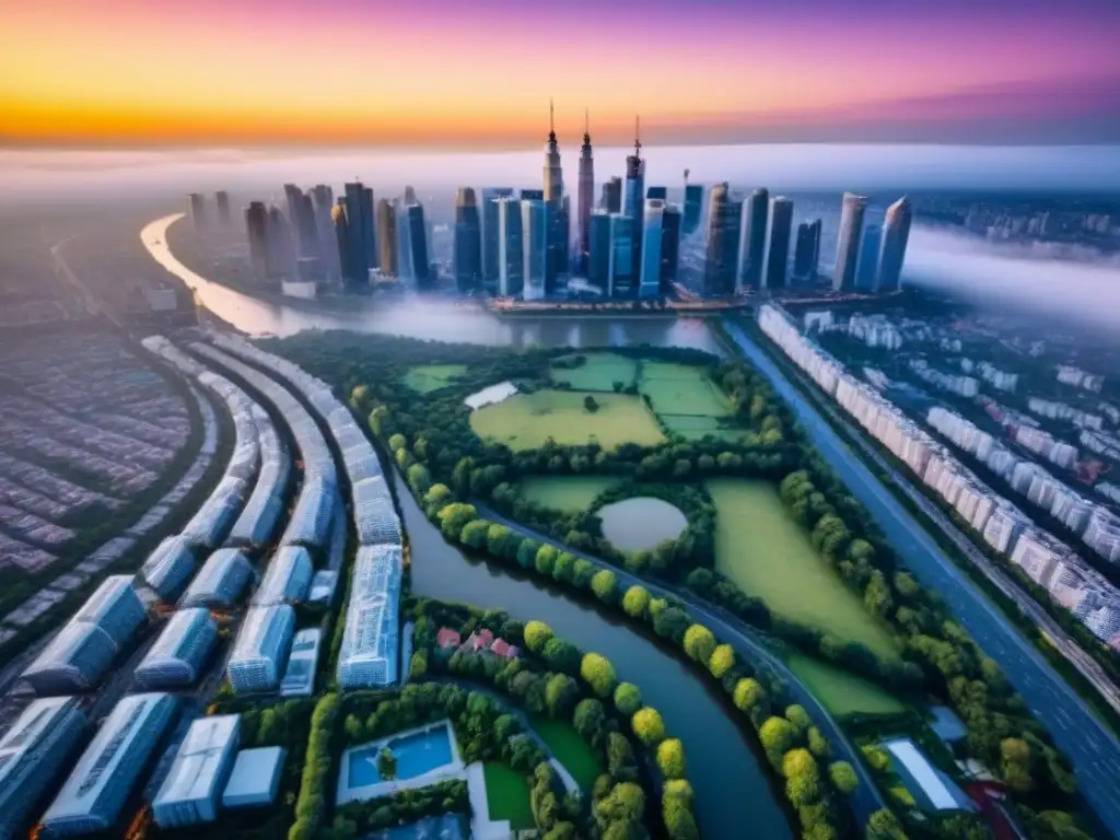 Espléndida vista aérea de una ciudad moderna al atardecer Un vibrante anochecer en una ciudad moderna rodeada de naturaleza, reflejando luces de la ciudad
