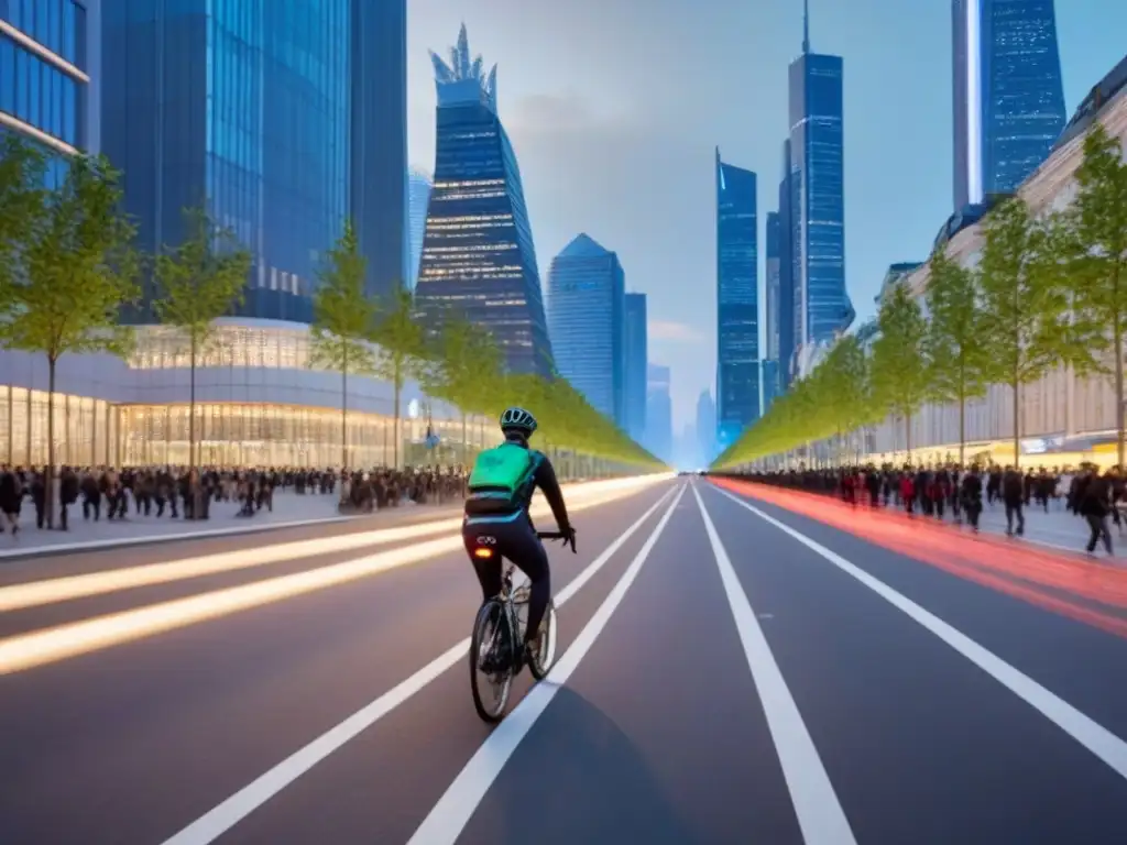 Metrópolis sostenible: armonía urbana y verde Vibrante ciudad al anochecer, fusionando modernidad, sostenibilidad y urbanismo