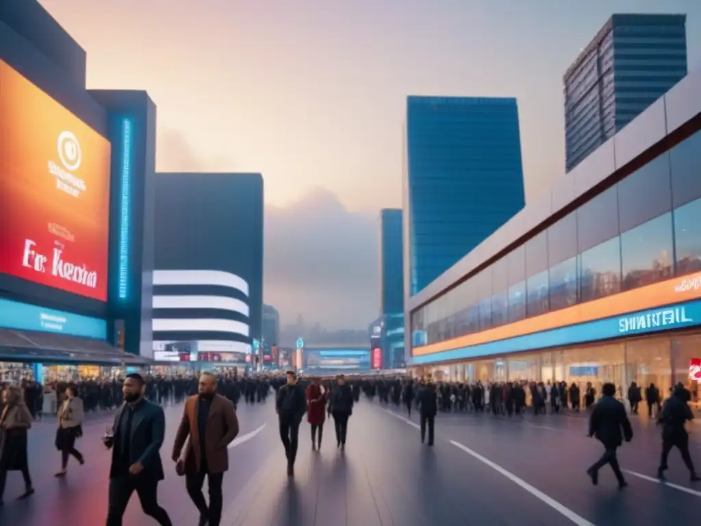 Centro comercial futurista en ciudad vibrante al anochecer Vibrante ciudad al anochecer, con moderno centro comercial y dinámicas luces LED