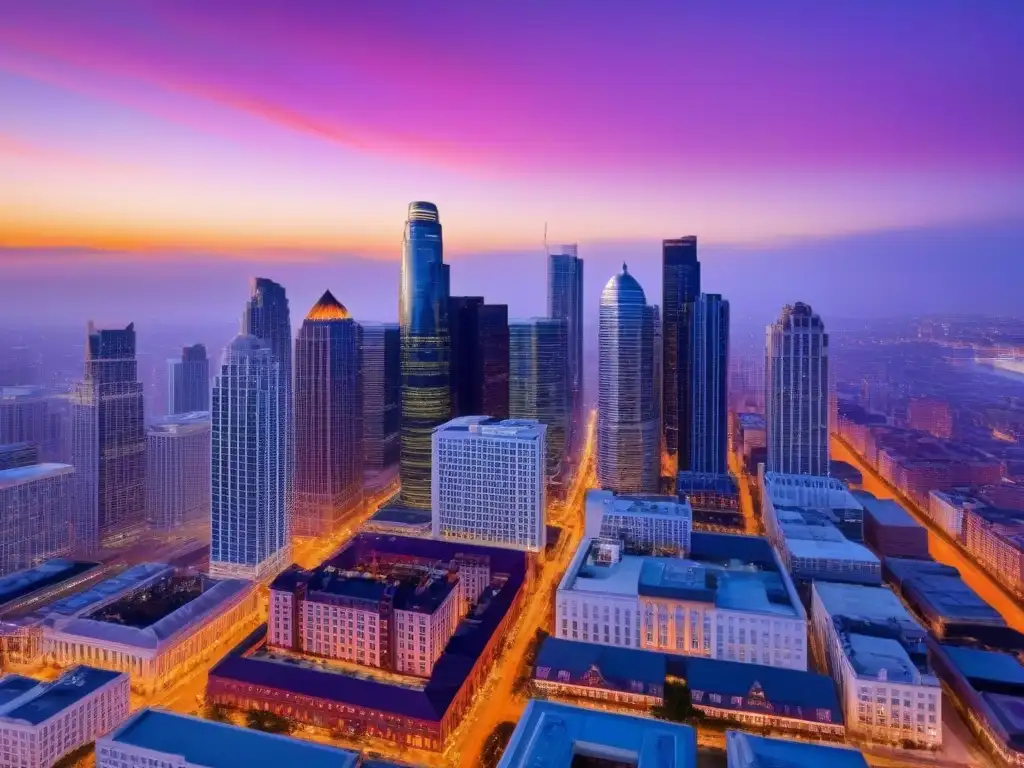 Horizonte urbano fusionando modernidad y tradición al atardecer Vibrante fusión Keller Williams Allen Tate en la ciudad al anochecer con modernos rascacielos e históricos edificios iluminados