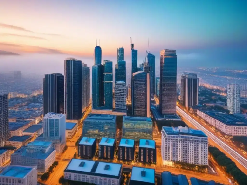 Espectacular vista aérea de una ciudad moderna iluminada al anochecer Vibrante ciudad al anochecer, con modernos rascacielos iluminados y bulliciosa actividad urbana