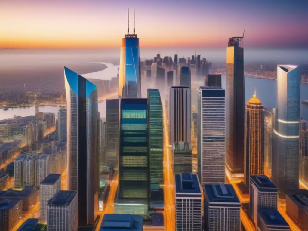 Vibrante escena urbana: Oportunidades en mercado inmobiliario Vibrante ciudad con modernos rascacielos y profesionales, reflejando oportunidades REITs mercado inmobiliario