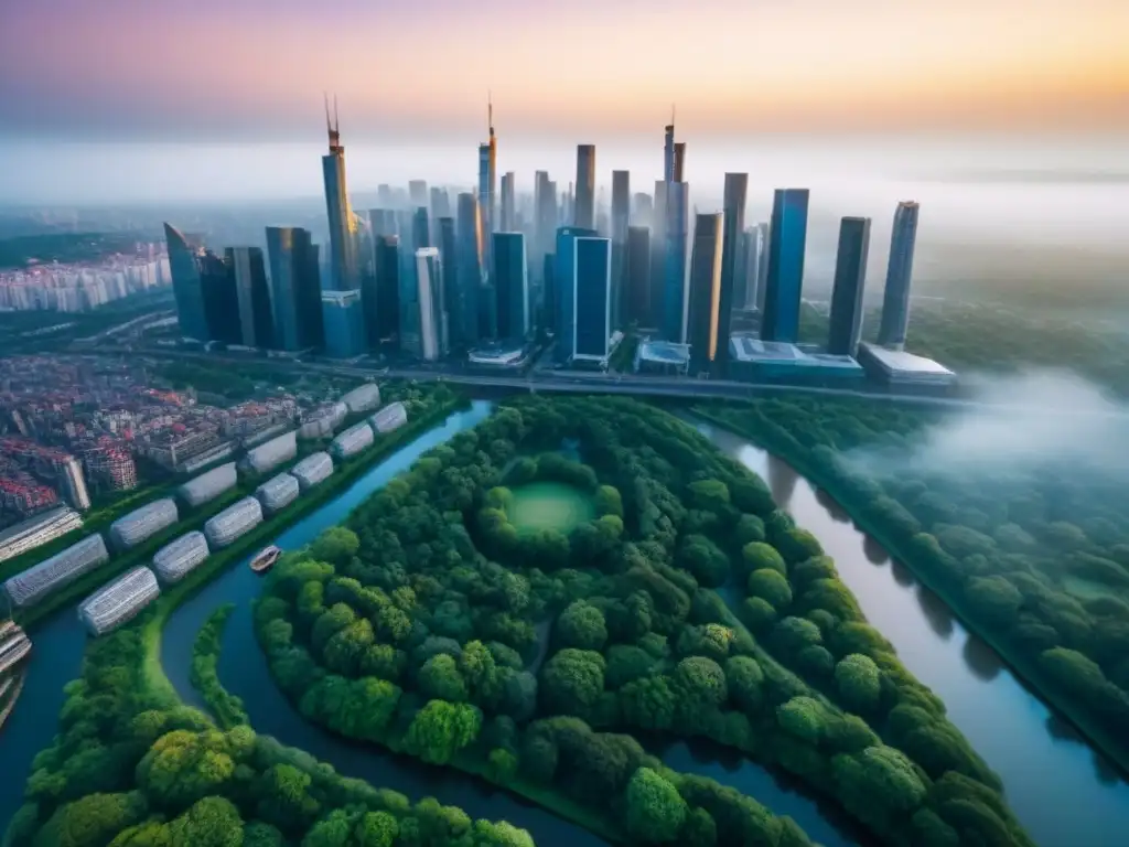 Vibrante ciudad en transición con modernos rascacielos y edificios históricos, rodeada de vegetación y ríos