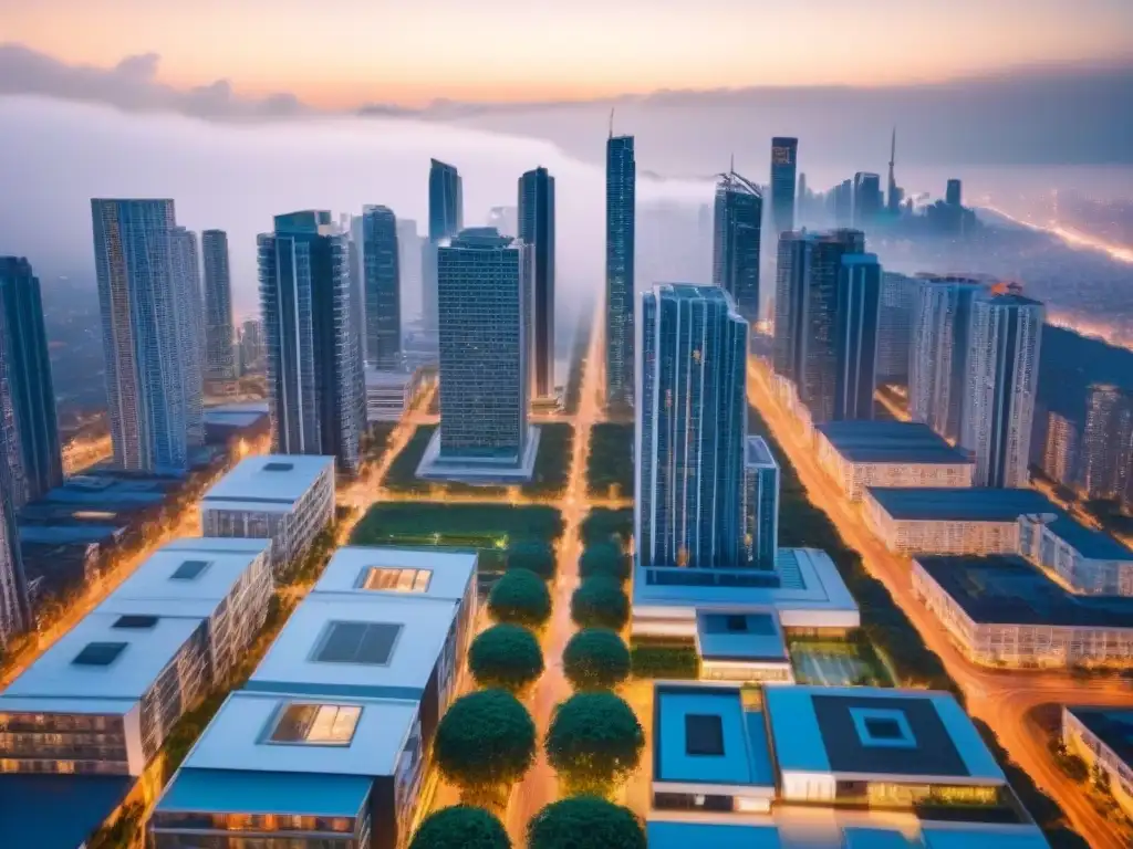 Vista aérea impresionante de ciudad moderna y vibrante Vibrante ciudad con modernos rascacielos, perfecta para inversiones inmobiliarias internacionales