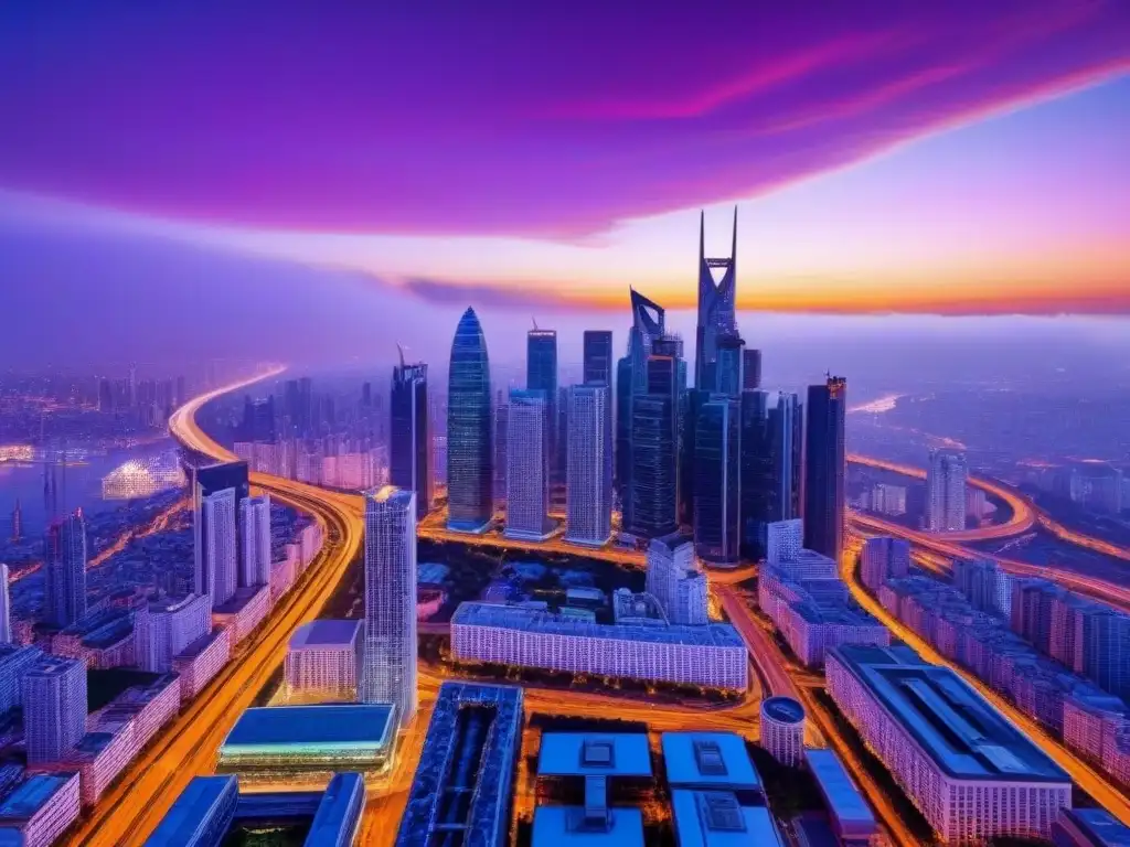 Horizonte urbano al atardecer: luces, tráfico y cielo de colores Vibrante ciudad al anochecer, con modernos rascacielos iluminados y majestuoso cielo al atardecer