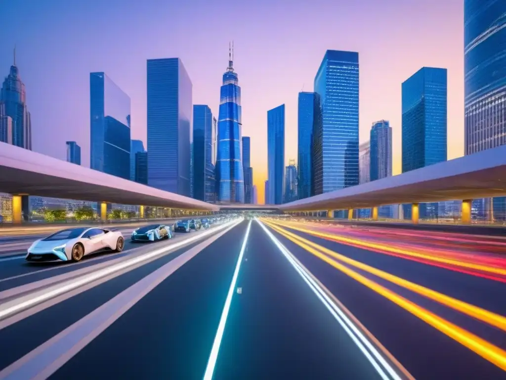 Horizonte urbano futurista al anochecer Vibrante ciudad al anochecer con modernos rascacielos iluminados y futuristas vehículos eléctricos en la calle