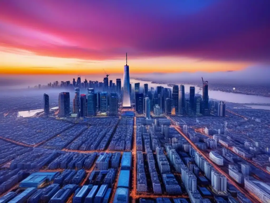 Espectacular ciudad moderna al atardecer Vibrante ciudad post-pandemia, con modernos rascacielos y calles bulliciosas, bajo un impresionante atardecer