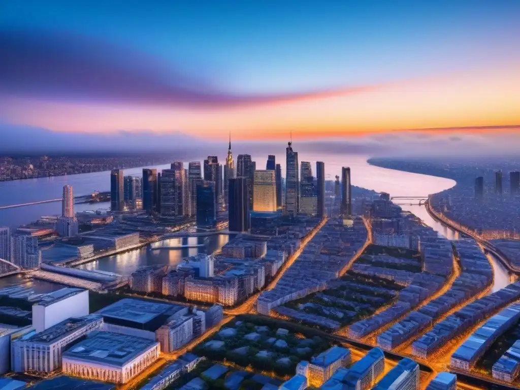 Skyline urbano al anochecer: modernos rascacielos junto al río Vibrante ciudad al anochecer con modernos rascacielos iluminados y un río sereno, ideal para Seguro inmobiliario zonas riesgo análisis