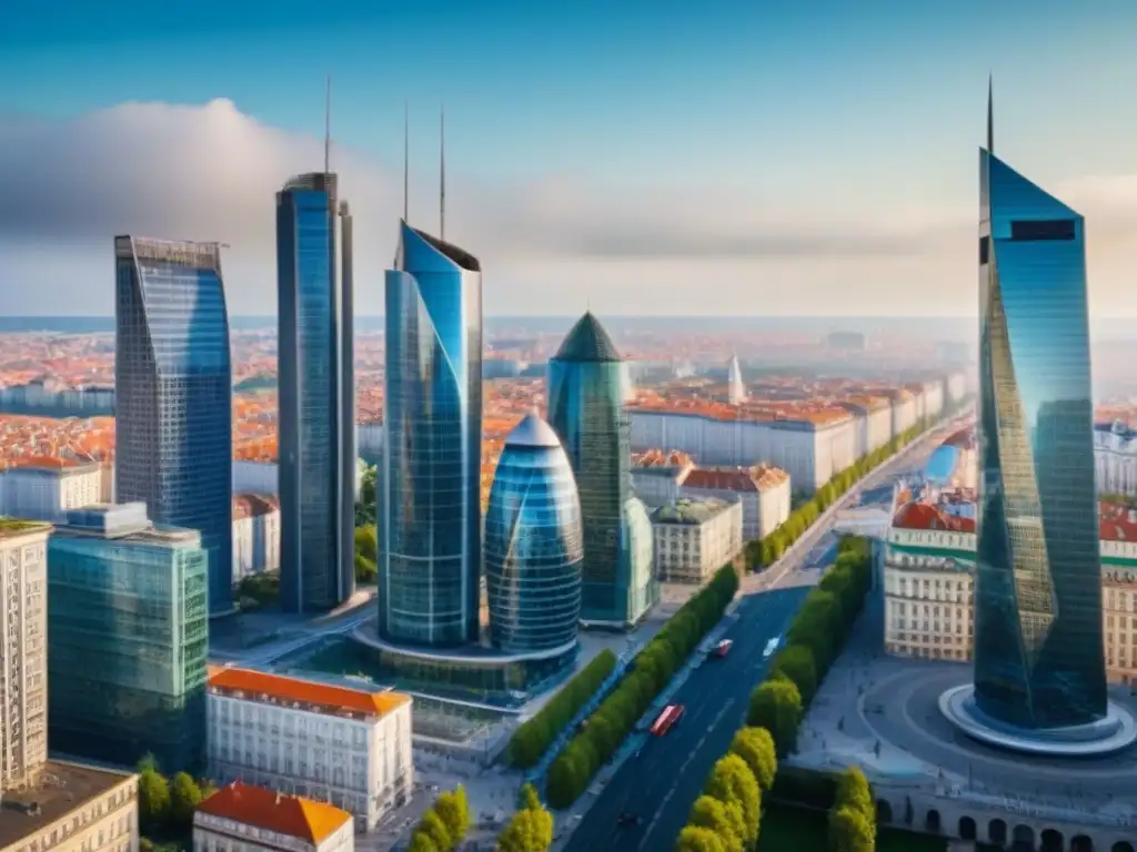 Metrópolis vibrante: arquitectura histórica y moderna en Europa del Este Vibrante ciudad de Europa del Este con modernos rascacielos y arquitectura histórica bajo cielo azul