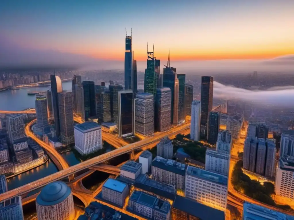 Vista aérea impresionante de ciudad moderna al anochecer Vibrante ciudad al anochecer con modernos rascacielos iluminados y un bullicioso tráfico, ideal para Consejos Millennials inversión inmobiliaria