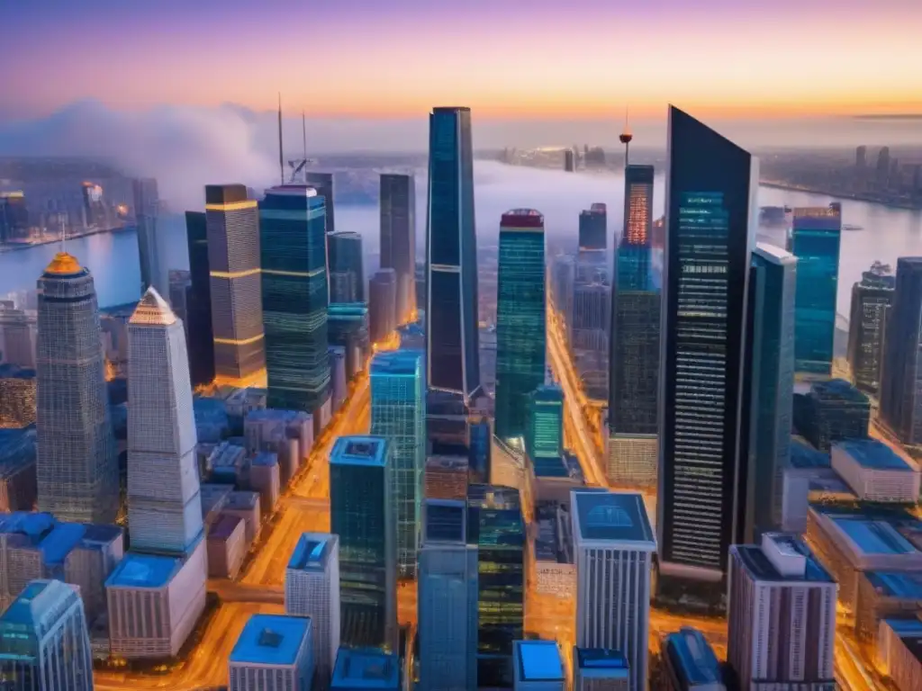Metrópolis vibrante: skyline global a 8k con diversidad y dinamismo Vibrante ciudad al anochecer con modernos rascacielos y gente de negocios