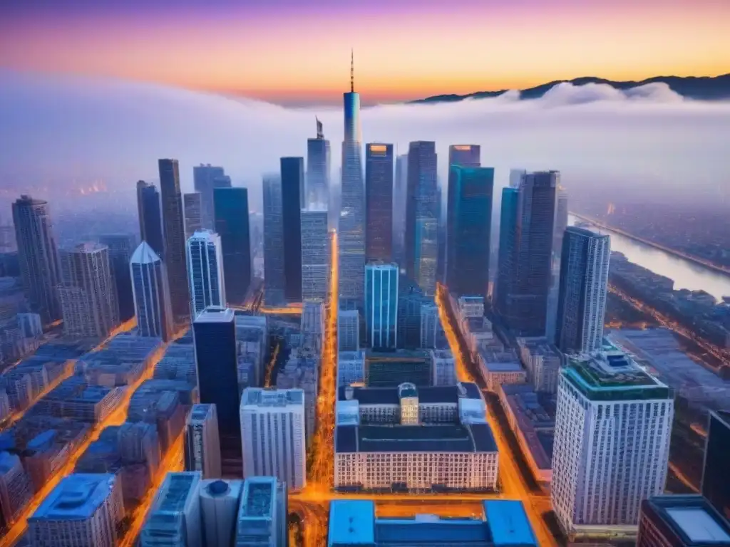 Espectacular ciudad al anochecer: luces y modernidad Vibrante ciudad al anochecer, con modernos rascacielos iluminados