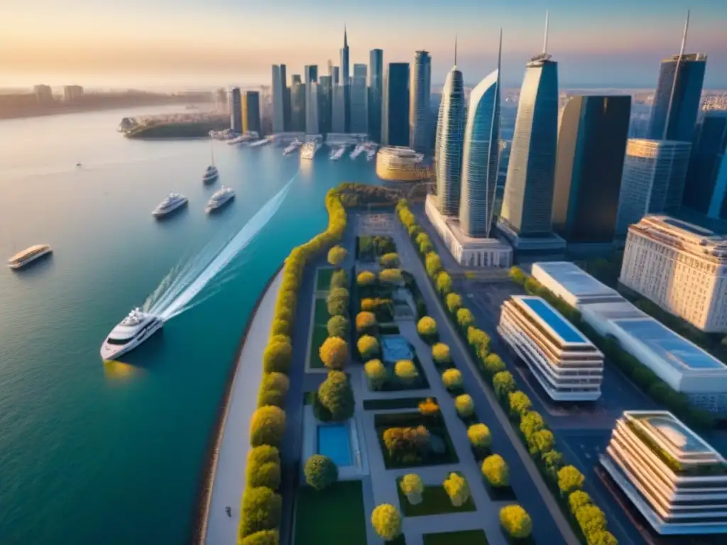 Espléndido atardecer en la ciudad: modernidad y tradición en armonía Vibrante ciudad con modernos rascacielos y edificios históricos, en un animado waterfront al atardecer