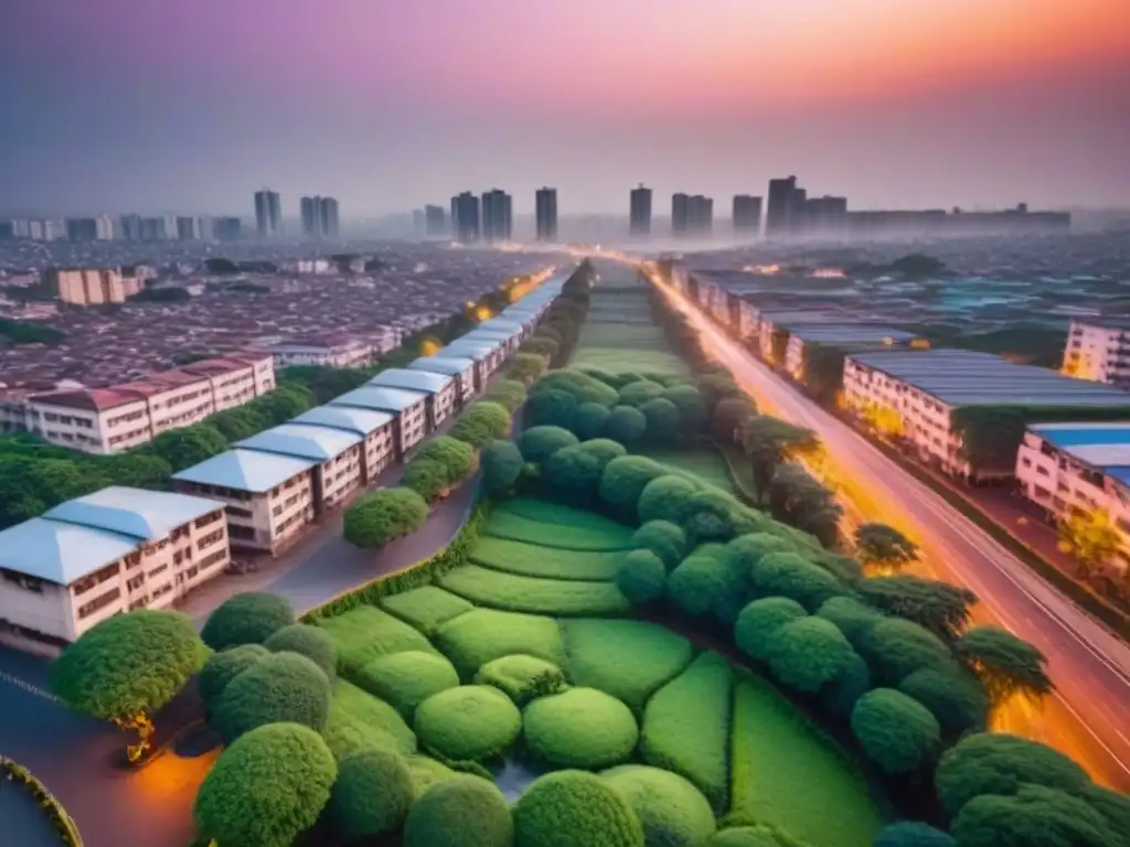 Esplendor urbano nigeriano al atardecer: mezcla de tradición y modernidad Vibrante ciudad nigeriana al atardecer con arquitectura tradicional y rascacielos modernos, rodeada de vegetación exuberante