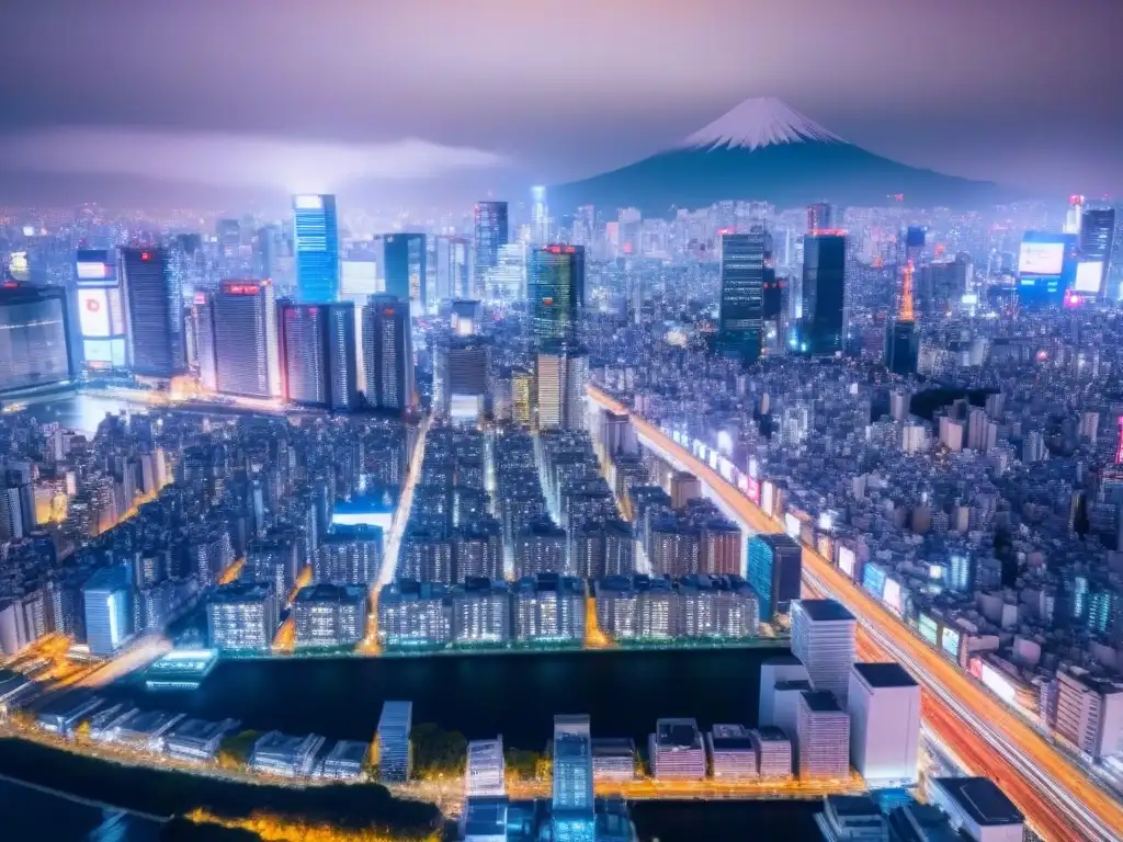 Tokio nocturno: luces de neón en Shinjuku y Mount Fuji Vibrante ciudad de Tokio de noche con neones en Shinjuku