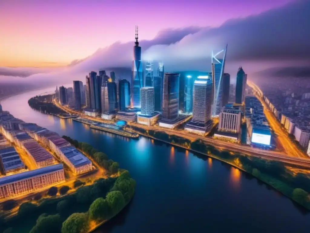 Espectacular panorama nocturno de la ciudad: luces vibrantes en modernos rascacielos reflejadas en un río, capturando la esencia del mercado inmobiliario en constante evolución Vibrante ciudad de noche con rascacielos iluminados y río sereno