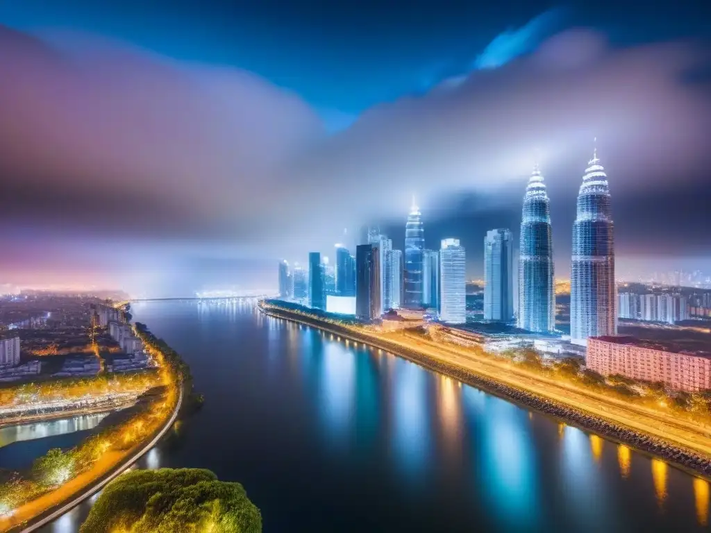 Inversiones inmobiliarias: luces urbanas en contraste Vibrante ciudad de noche con rascacielos iluminados reflejándose en un río, ideal para 'Mejores rendimientos inversión inmobiliaria internacional'