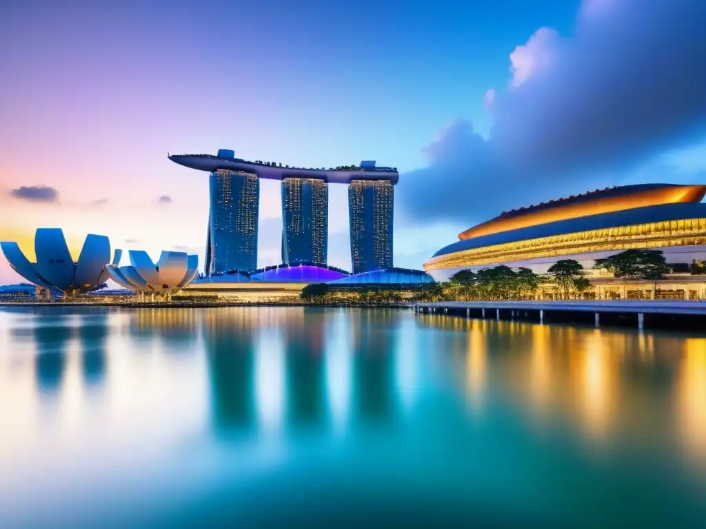 Marina Bay Sands: noche vibrante en Singapur Vibrante ciudad de Singapur de noche, con Marina Bay Sands y rascacielos iluminados