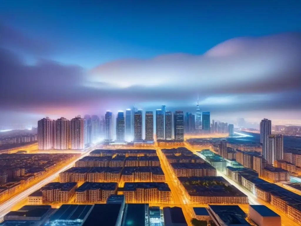 Metrópolis vibrante: luces, rascacielos y diversidad urbana Vibrante ciudad de noche, con rascacielos iluminados y calles llenas de gente, reflejando la psicología inversores mercado inmobiliario