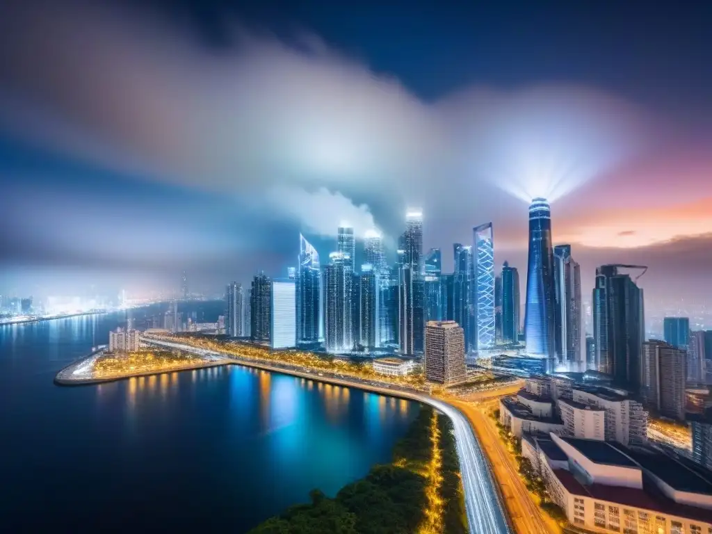 Skyline nocturno: impacto de elecciones presidenciales en bienes raíces Vibrante ciudad de noche, rascacielos iluminados y lujo