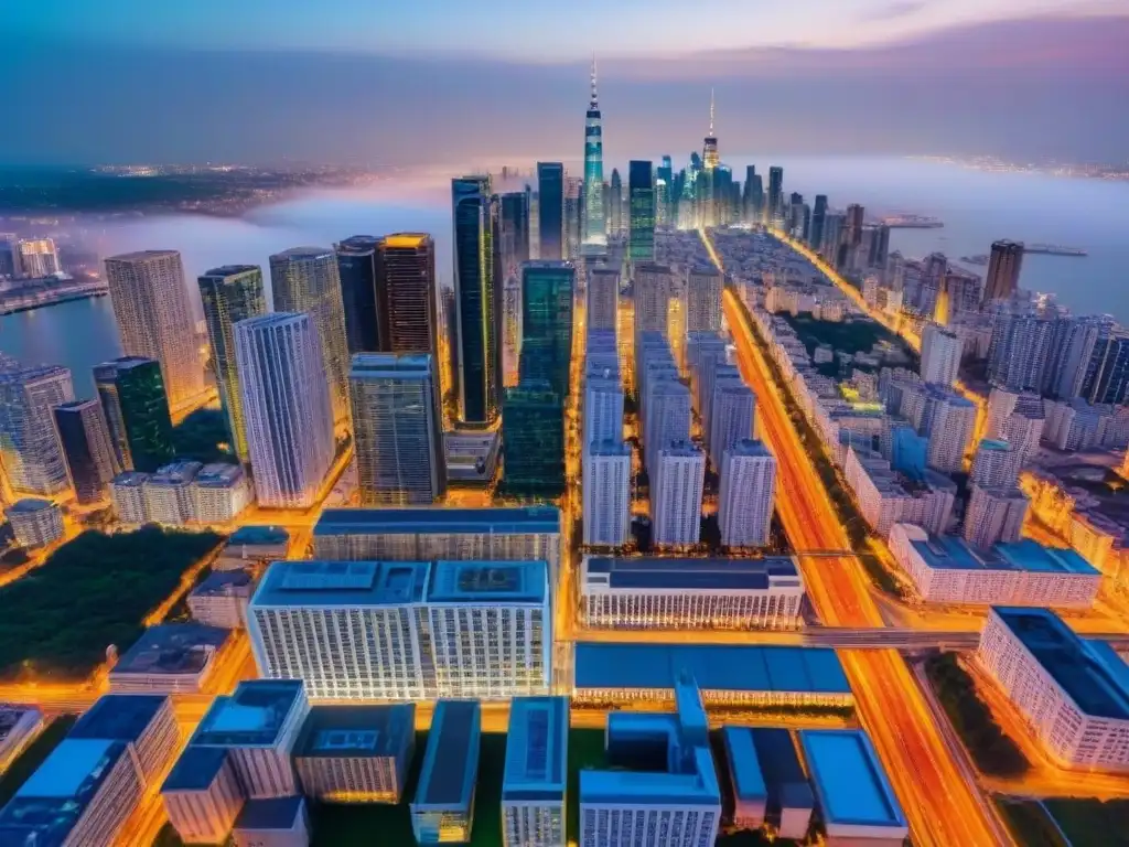 Espectacular panorama urbano nocturno con rascacielos iluminados Vibrante ciudad de noche con rascacielos iluminados y redes viales, integrando análisis big data mercado inmobiliario