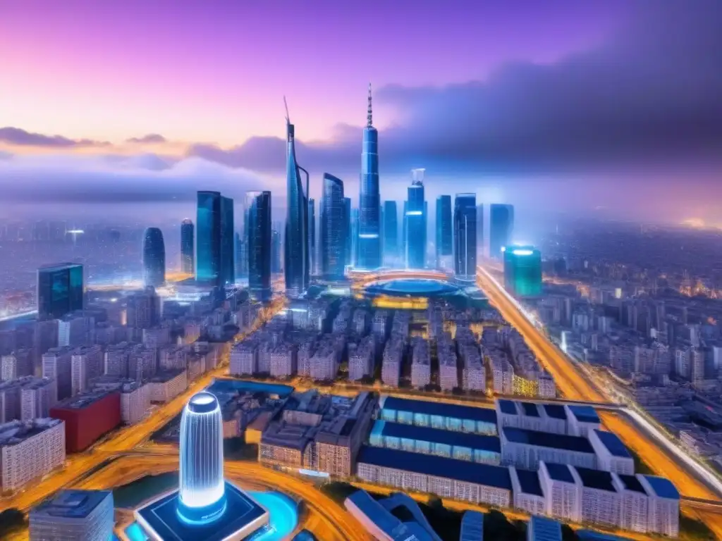 Metrópolis nocturna: Integración tecnológica en infraestructura urbana Vibrante ciudad de noche con tecnología inteligente y modernos rascacielos, reflejando la inversión en PropTech