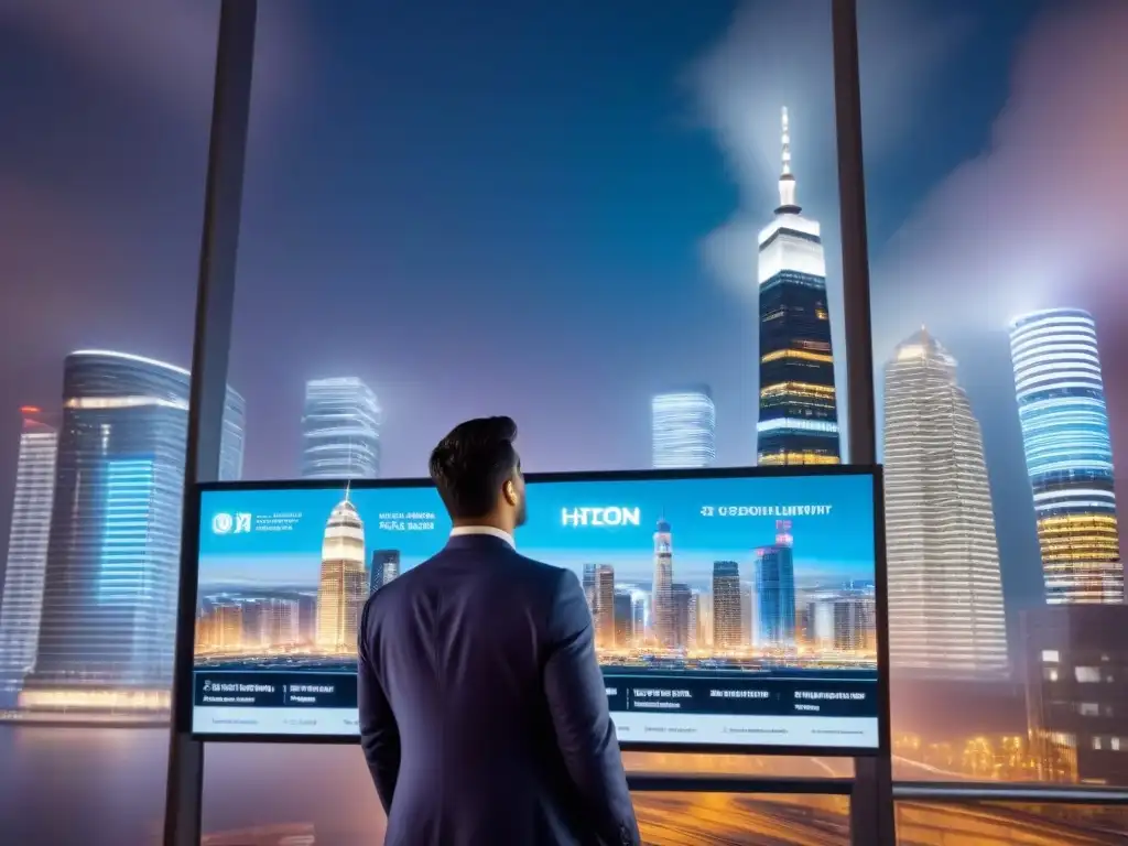 Metrópolis nocturna: inversión inmobiliaria y mercado financiero en acción Vibrante ciudad nocturna con arquitectura moderna iluminada por luces neón, profesionales analizando tendencias inmobiliarias