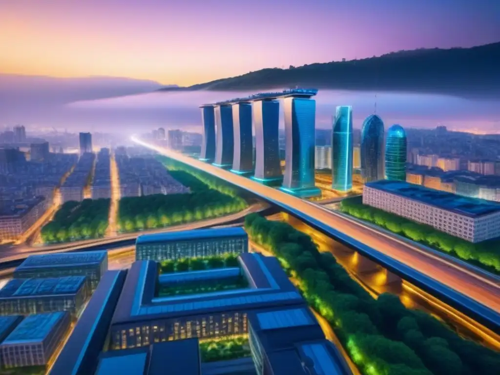 Metrópolis futurista: arquitectura sostenible y vida comunitaria vibrante Vibrante ciudad nocturna con arquitectura moderna, movilidad sostenible y espacios verdes, ejemplar de ciudades sostenibles inversión inmobiliaria