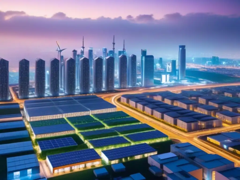 Skyline futurista ecoeficiente en 8k Vibrante ciudad nocturna con diseño ecoeficiente y arquitectura internacional
