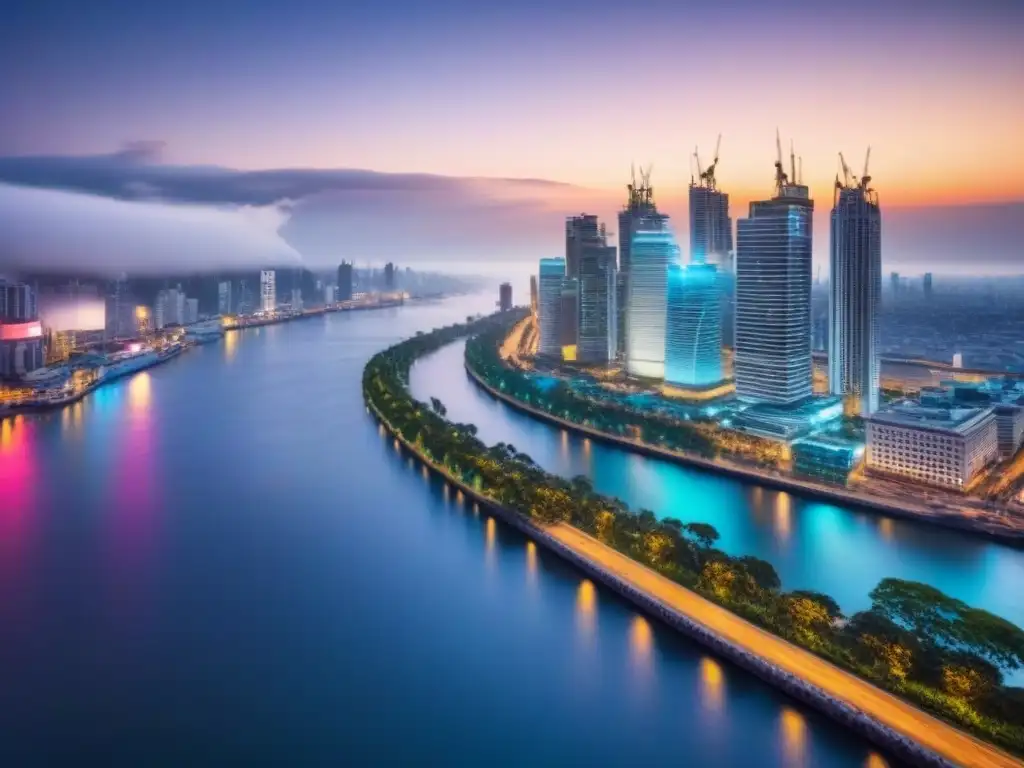 Metrópolis brillante: luces y río reflejan modernidad urbana Vibrante ciudad nocturna en economía emergente, reflejando crecimiento y oportunidad en inversiones inmobiliarias
