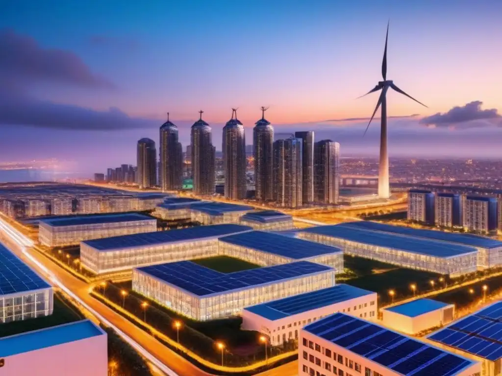 Skyline sostenible: ciudad futurista energéticamente eficiente Vibrante ciudad nocturna con edificios eficientes y diseño sostenible